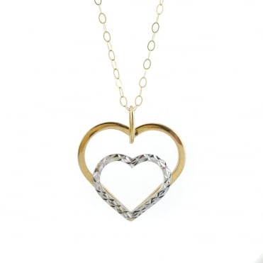 9ct 2 Colour Yellow & White Gold Heart Pendant and 16'' Trace Chain