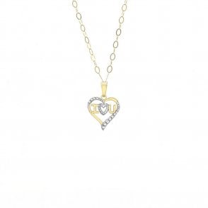 9ct 2 Colour Yellow & White Gold 'I LOVE YOU' Heart Pendant and 16'' Trace Chain