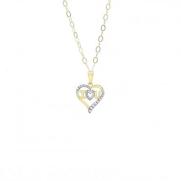 9ct 2 Colour Yellow & White Gold 'I LOVE YOU' Heart Pendant and 16'' Trace Chain