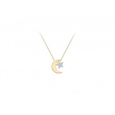9ct Gold 2 Colour Moon and Star Pendant with 17+1'' Chain