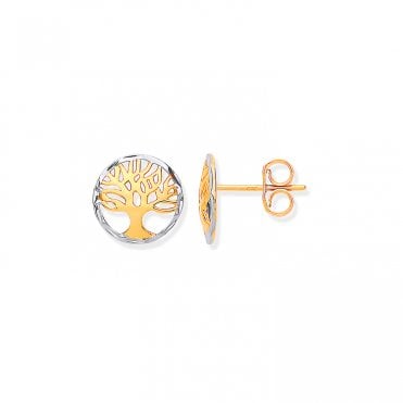 9ct Gold 2 Colour Round Tree of Life Stud Earrings