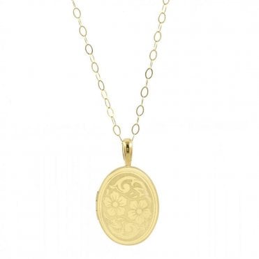 9ct Gold 20mm Large Oval Floral Locket and 16'' Chain