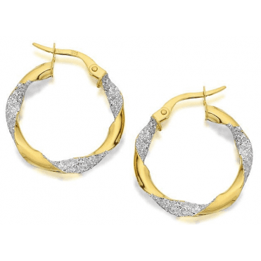 9ct Gold 20mm Round Glitter Twisted Creole Hoop Earrings