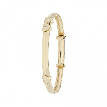 9ct Gold 4mm 3 Cubic Zirconia Hearts Expanding Baby Bangle