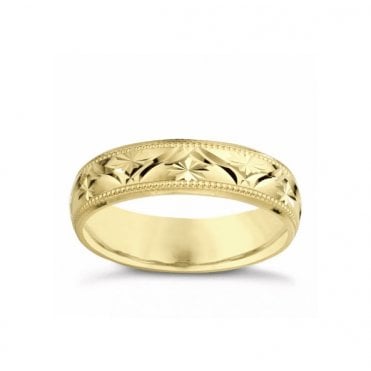 9ct Gold 6mm Diamond Cut Stars Beaded Edge Wedding Ring Size V