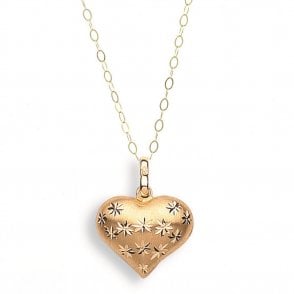 9ct Gold Chunky Diamond Cut Heart Pendant and 16'' Trace Chain