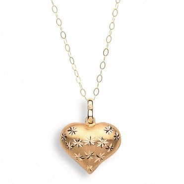 9ct Gold Chunky Diamond Cut Heart Pendant and 16'' Trace Chain