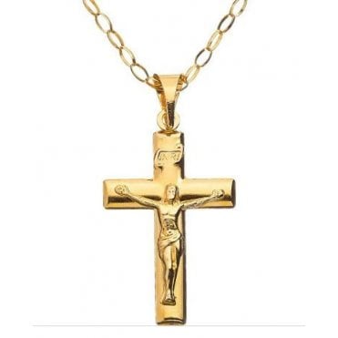 9ct Gold Crucifix Pendant & 16"  Trace Chain