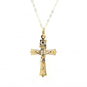 9ct Gold Crucifix Pendant and 16'' Trace Chain