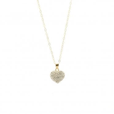 9ct Gold Crystal Set Heart Pendant and 16'' Trace Chain