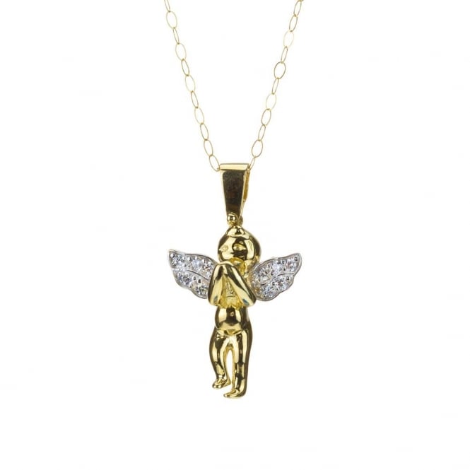 Eternity 9ct Gold Cubic Zirconia Set Angel Pendant and 16'' Trace Chain