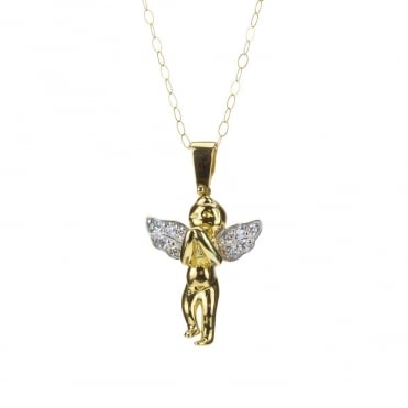 9ct Gold Cubic Zirconia Set Angel Pendant and 16'' Trace Chain
