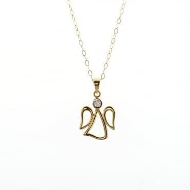 9ct Gold Cubic Zirconia Set Angel Pendant and 16'' Trace Chain