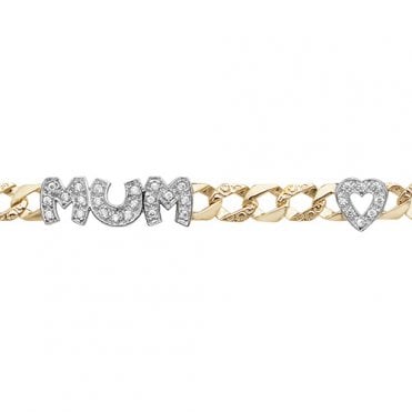 9ct Gold Cubic Zirconia Set MUM & 2 Hearts Bracelet