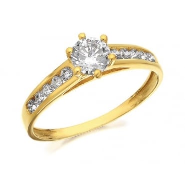 9ct Gold Cubic Zirconia Soitaire and Shoulder Ring Size R