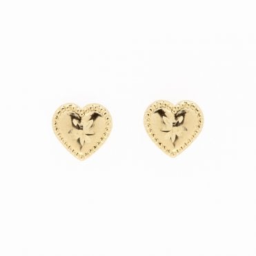 9ct Gold Diamond Cut Heart Stud Beaded Edge Stud Earrings