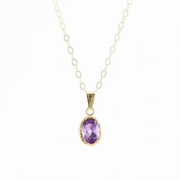 9ct Gold Diamond Cut Oval Amethyst Pendant and 16'' Trace Chain