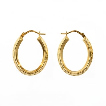 9ct Gold Fancy Oval Diamond Cut Creole Hoop Earrings