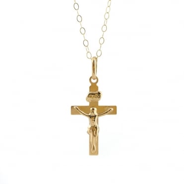 9ct Gold Flat Crucifix Pendant and 16'' Trace Chain
