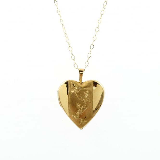 Eternity 9ct Gold Heart Engraved Butterfly Locket and 16'' Trace Chain