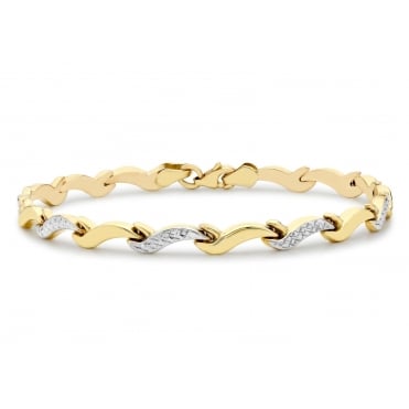 9ct Gold Ladies 7 1/2'' 2 Colour Diamond Cut Fancy Wave Bracelet