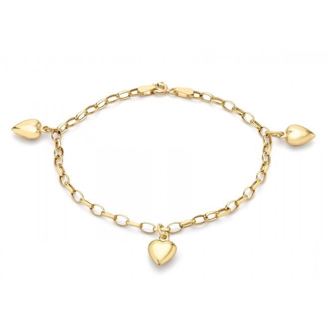 Eternity 9ct Gold Ladies Belcher With 3 Heart Charms Bracelet