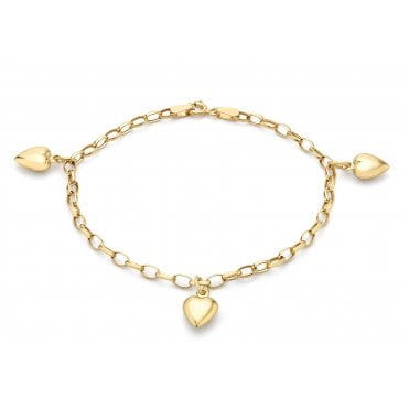 9ct Gold Ladies Belcher With 3 Heart Charms Bracelet