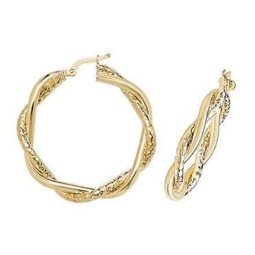 9ct Gold Large 37mm Diamond Cut Twisted Creole Hoop Earrings