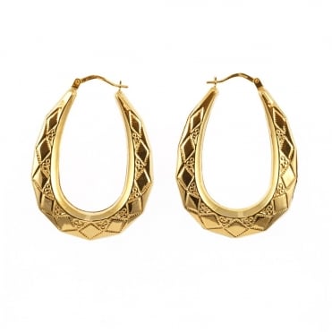 9ct Gold Large 40mm Kite Pattern Creole Hoop Earrings
