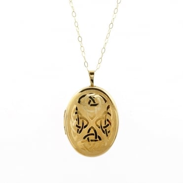 9ct Gold Large Oval Celtic Engraved Locket and 16"" Trace Chain