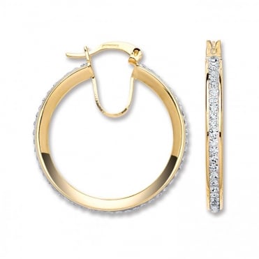 9ct Gold Large Round Crystal Set Creole Hoop Earrings