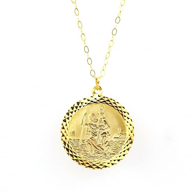Eternity 9ct Gold Large Round Diamond Cut St Christopher Pendant and 16'' Trace Chain