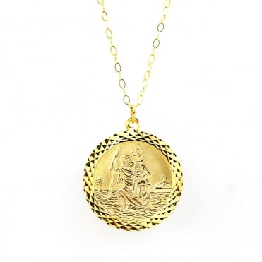 9ct Gold Large Round Diamond Cut St Christopher Pendant and 16'' Trace Chain