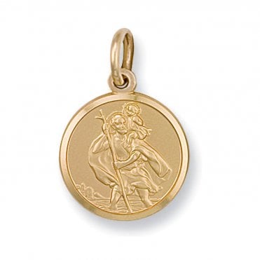 9ct Gold Large Round St Christopher Pendant & 16" Chain