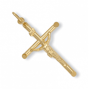 9ct Gold Large Round Tubular Crucifix Pendant & Chain