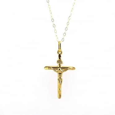 9ct Gold Medium Hollow Backed Crucifix Pendant and 16'' Trace Chain