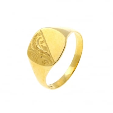 9ct Gold Mens Cushion Engraved Signet Ring Size V