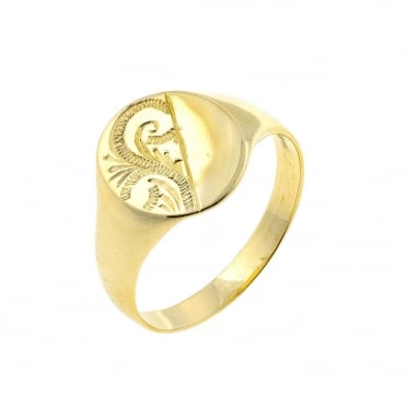 9ct Gold Mens Oval Engraved Signet Ring Size T