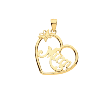 9ct Gold Mum Open Heart & Butterfly Pendant & 16" Chain
