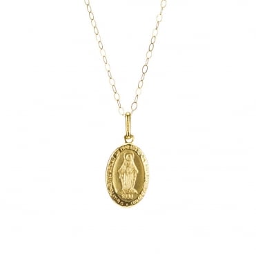 9ct Gold  Oval Miraculous Pendant and 16'' Trace Chain