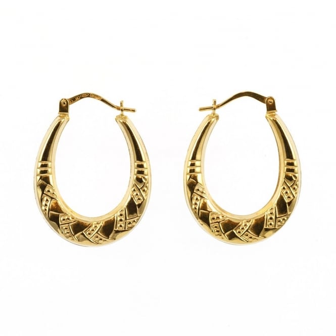 Eternity 9ct Gold Oval Patterned Creole Hoop Earrings