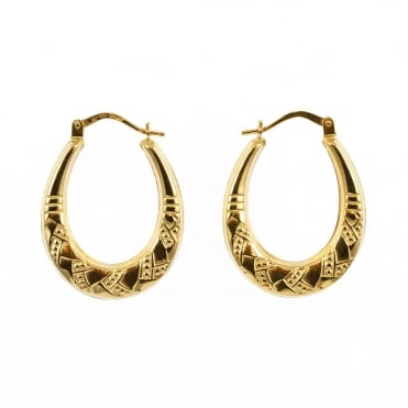 9ct Gold Oval Patterned Creole Hoop Earrings
