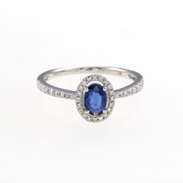 9ct Gold Oval Sapphire Diamond Halo Cluster Ring