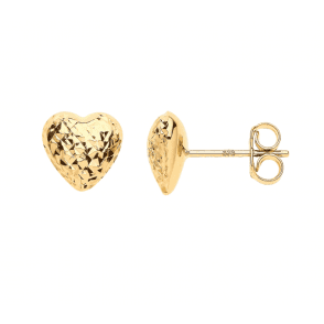 9ct Gold Puffed Diamond Cut Heart Stud Earrings