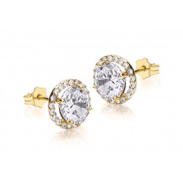 9ct Gold Round Cubic Zirconia Halo Stud Earrings