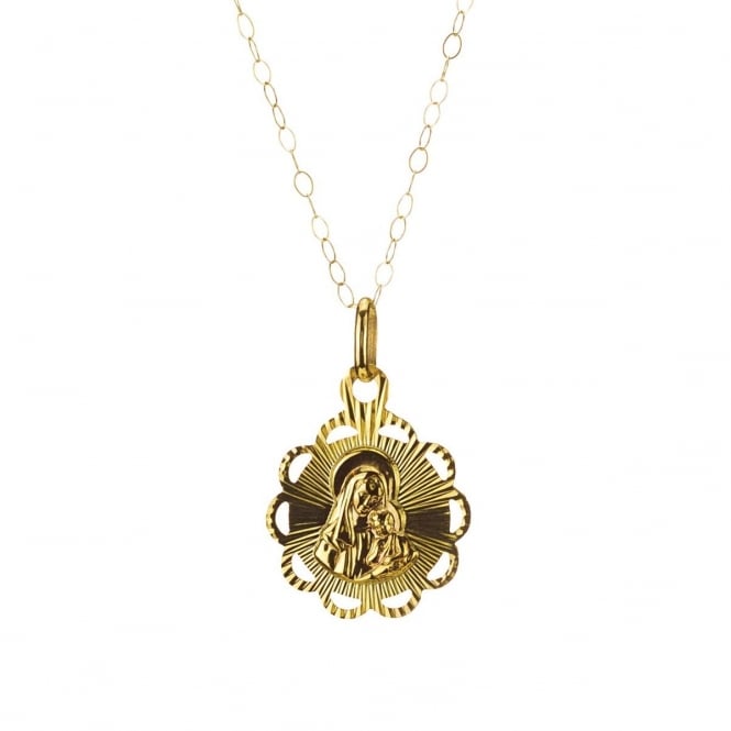 Eternity 9ct Gold Round Diamond Cut Mary & Child Pendant and 16'' Trace Chain