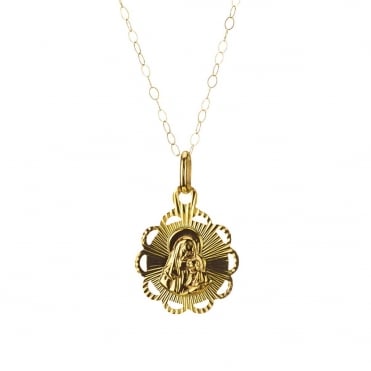 9ct Gold Round Diamond Cut Mary & Child Pendant and 16'' Trace Chain