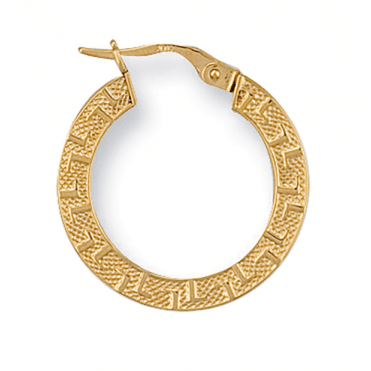 9ct Gold Round Frosted Greek Key Creole Hoop Earrings