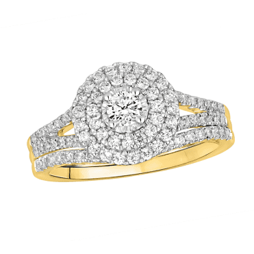 9ct Gold Round Starburst Double Halo Diamond Bridal Set