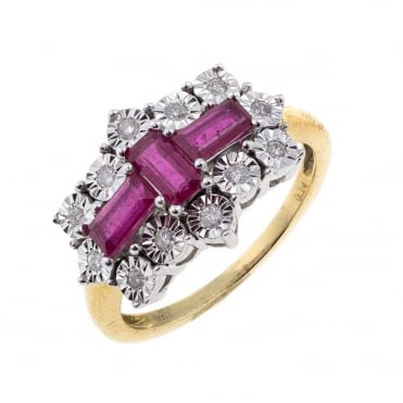 9ct Gold Ruby and Diamond Boat Cluster Ring
